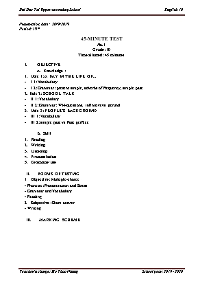 Đề kiểm tra một tiết số 1 môn Tiếng Anh Lớp 10 - Năm học 2019-2020 - Hồ Thảo Nhung